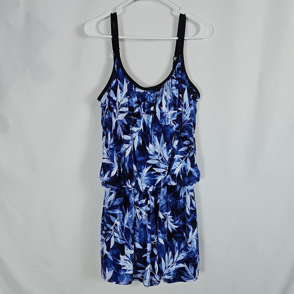 Maxine One Piece Swimsuit Romper Women Sz 16W Blue Tropical Palm Leaf w/ Pockets